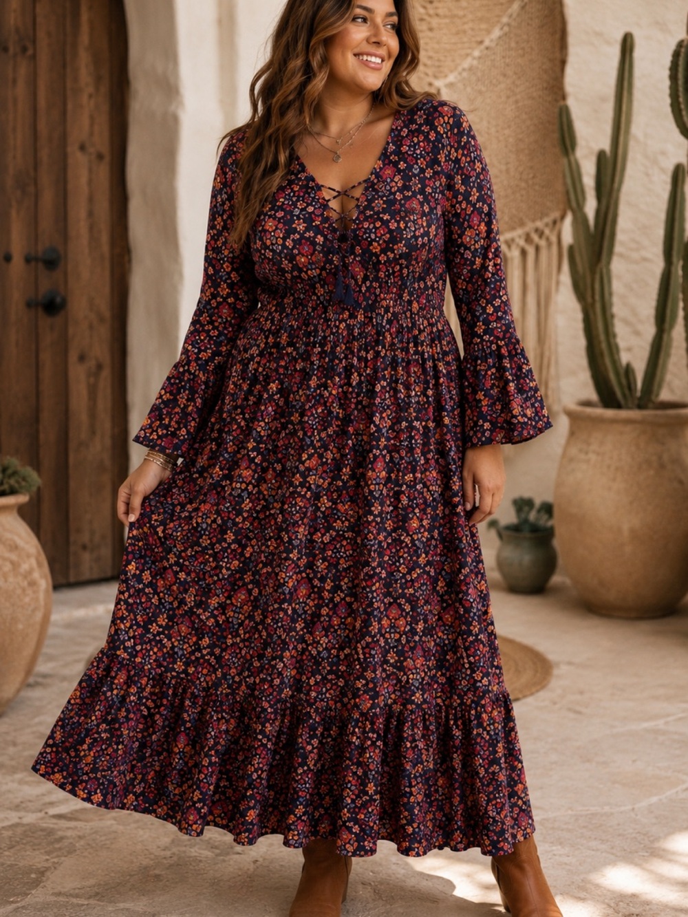 Anthropologie Boemo Boho Floral Lace-Up Tiered Maxi Dress Navy XL